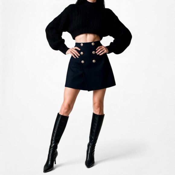 Zara High Waisted Navy Blue Button Front A-Line Wrap Mini Skirt Size XS/S - Picture 2 of 7